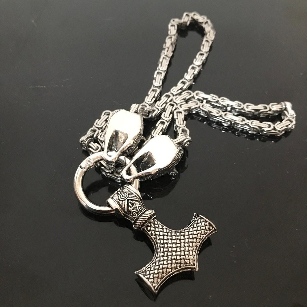Norse Viking Byzantine Thor's Hammer Wolf Pendant Necklace Silver Heavy Wolves - Picture 2 of 5